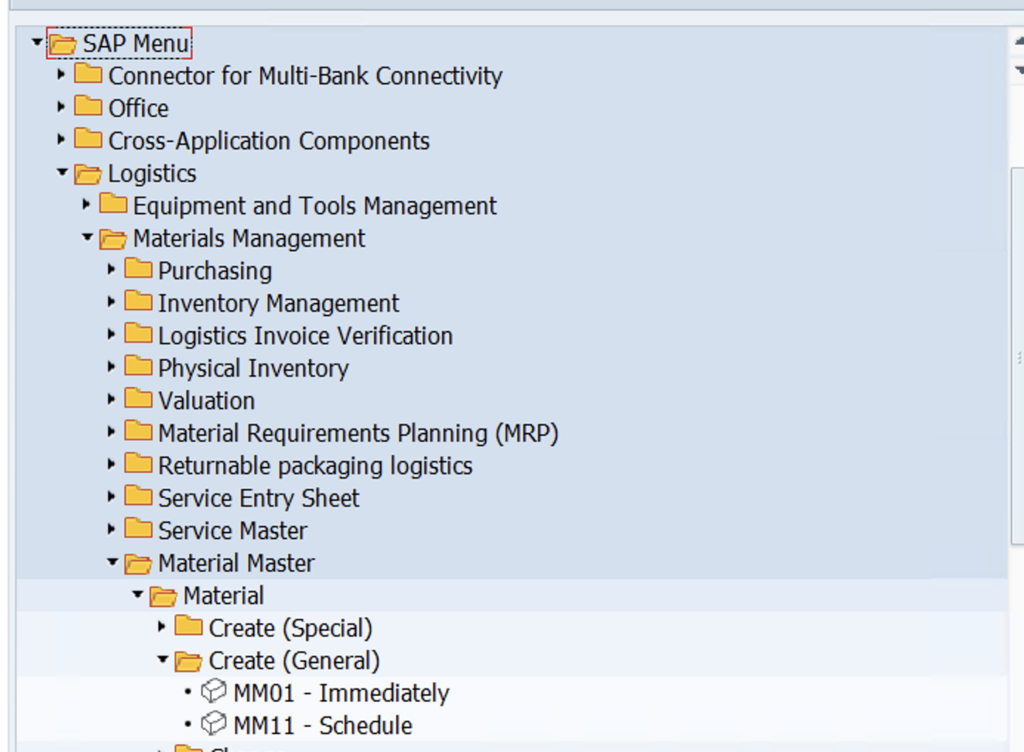 SAP menu showing SAP Menu > Logistics > Materials Management > Material Master > Material > Create (General) > MM01 - Immediately