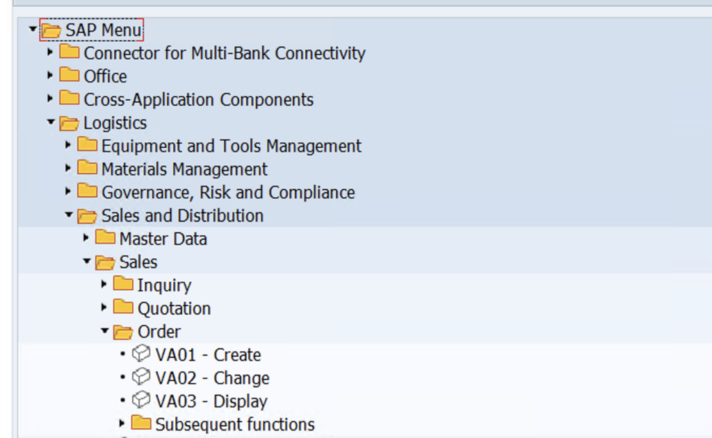 SAP menu showing SAP Menu > Logistics > Sales and Distribution > Sales > Order > VA01 - Create