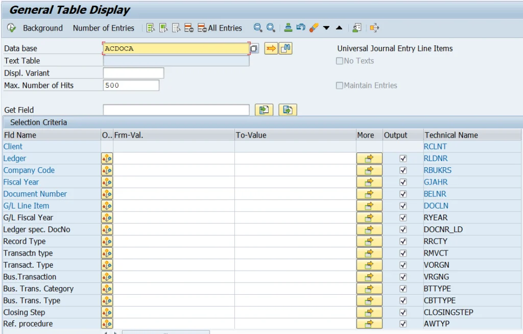 ACDOCA table fields displayed in SAP SE16N.
