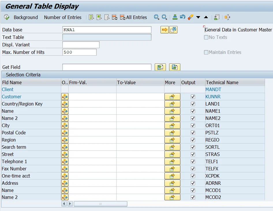 SAP KNA1 Table for Customer General Data