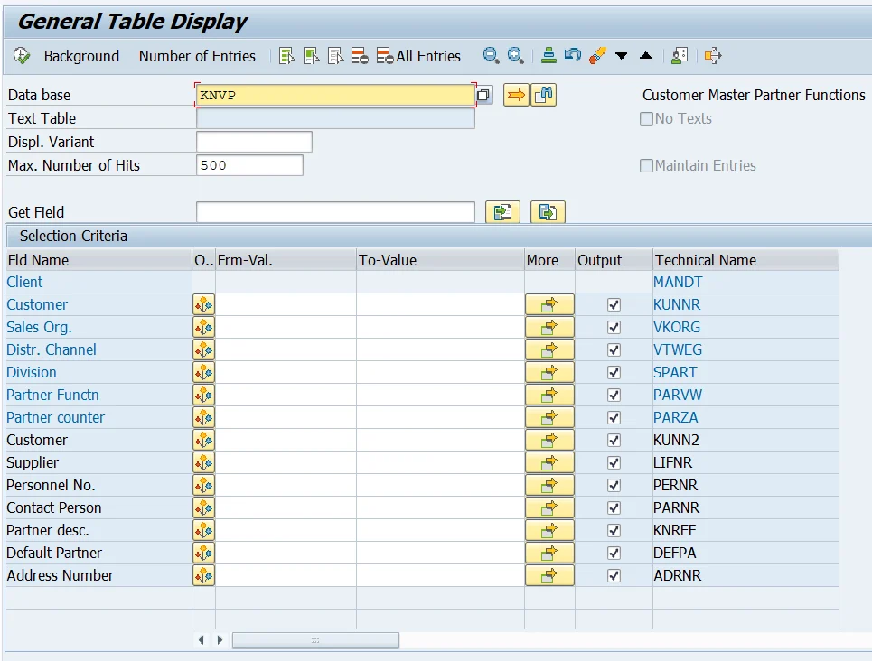SAP KNVP Table for Customer Partner Functions