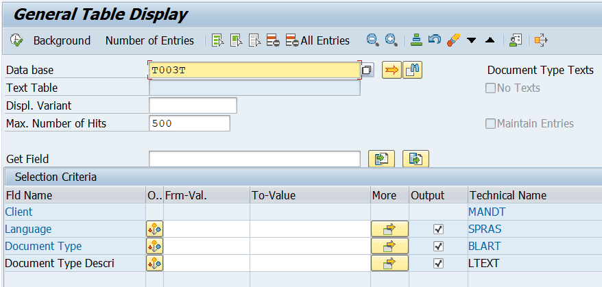 SAP T003T Table for Document Type Texts 