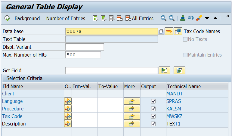 SAP T007S Table for Tax Code Names 