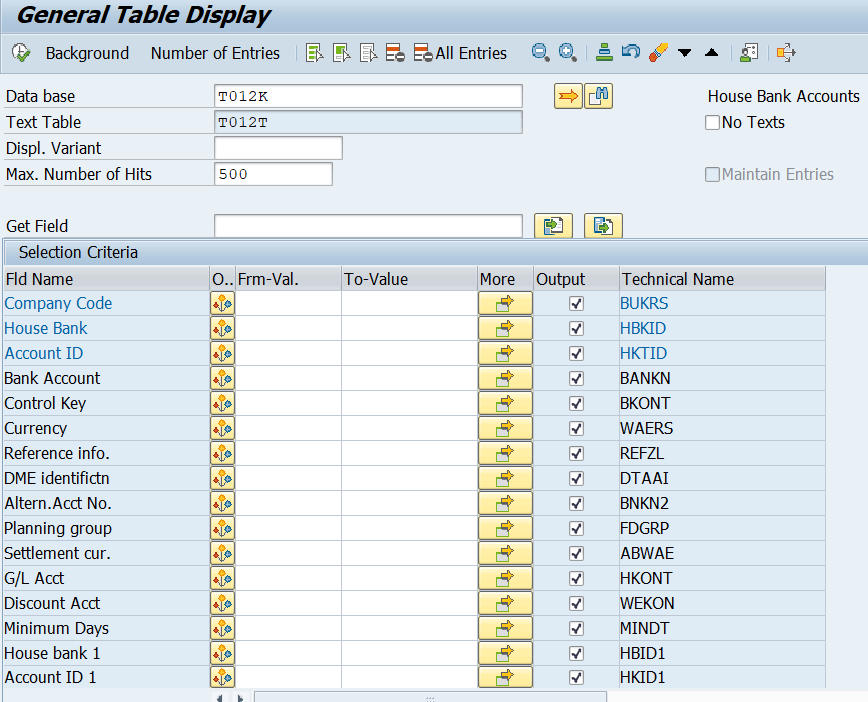 SAP T012K Table for House Bank Accounts 