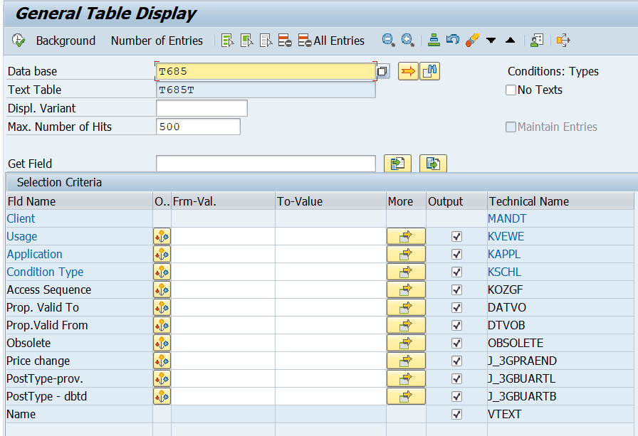 SAP T685 Table for Pricing Condition Types 