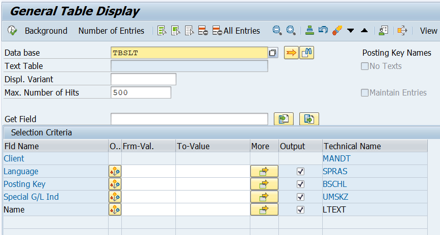 SAP TBSLT Table for Posting Key Names
